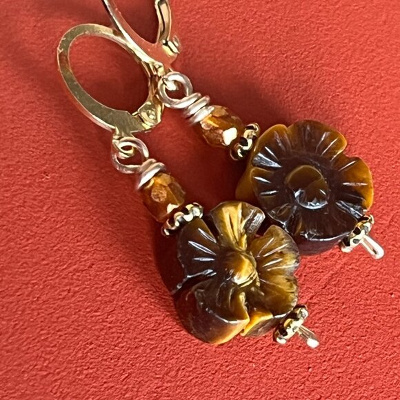 Tiger’s Eye Earrings, Golden Brown Gemstone, Carved Gemstone Flower - Picture 4 of 6